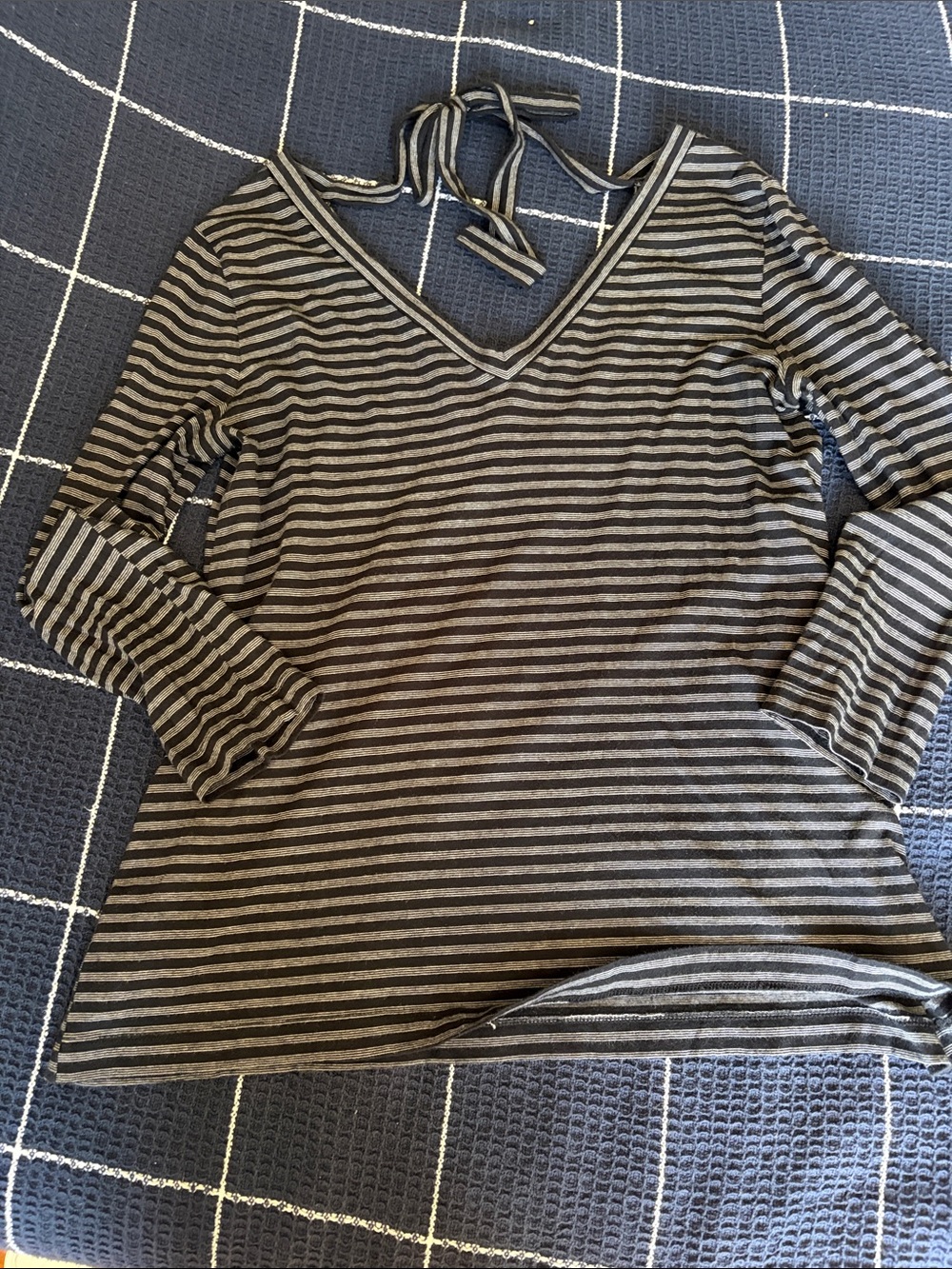 LOFT Blue & White Striped V-Neck Long Sleeve Top